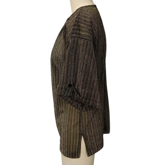 Vintage 70s Metallic Top Size M Black Stripe Disco Short Sleeve With It Shimmer - Picture 5 of 9